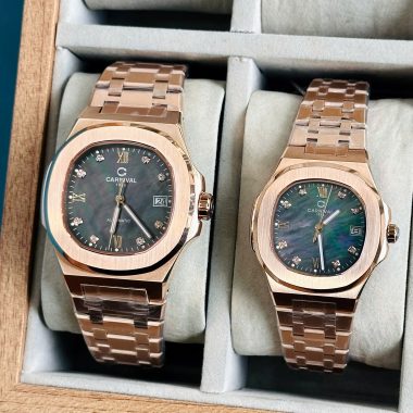 Đồng Hồ Carnival Couple 8160G Nam - 8160L Nữ RoseGold Mặt Xà Cừ Đen
