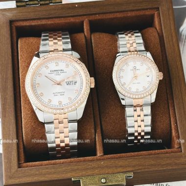 Đồng Hồ Carnival Couple 8131G2 Nam – 8131L2 Nữ RoseGold Mặt Trắng Viền Đá