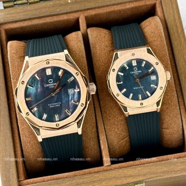 Đồng Hồ Couple Carnival 8168G Nam – Carnvial 8168L Nữ Rosegold Mặt Xà Cừ Đen