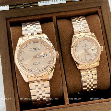 Đồng Hồ Couple Carnival Nam 8131G – Nữ 8131L RoseGold Mặt Be