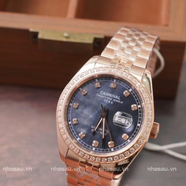 Đồng Hồ Carnival Nam 8131G2 RoseGold Mặt Xà Cừ Đen Viền Đá