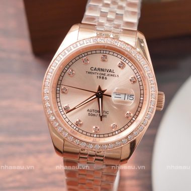 Đồng Hồ Carnival Nam 8131G2 RoseGold Mặt Be Viền Đá