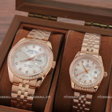 Đồng Hồ Carnival Couple 8131G2 Nam – 8131L2 Nữ Rosegold Mặt Trắng Viền Đá