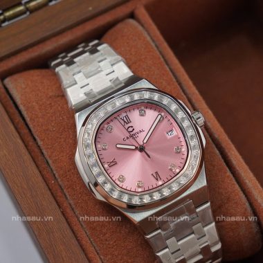 Đồng Hồ Carnival – Nữ 8160L2 Mặt Hồng Viền Đá
