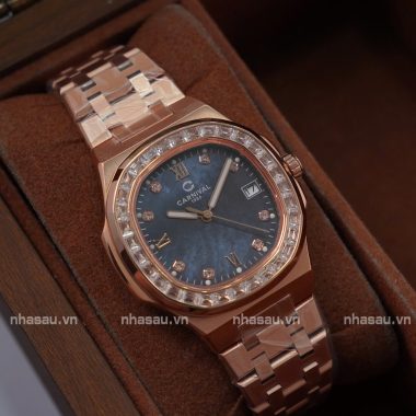 Đồng Hồ Carnival – Nữ 8160L2 Rosegold Mặt Xà Cừ Đen Viền Đá
