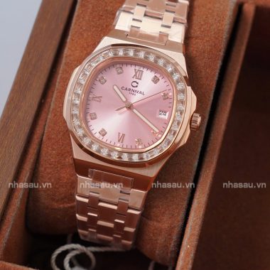 Đồng Hồ Carnival – Nữ 8160L2 Rosegold Mặt Hồng Viền Đá