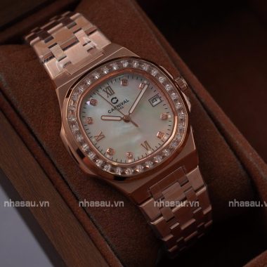 Đồng Hồ Carnival – Nữ 8160L2 Rosegold Mặt Xà Cừ Trắng Viền Đá
