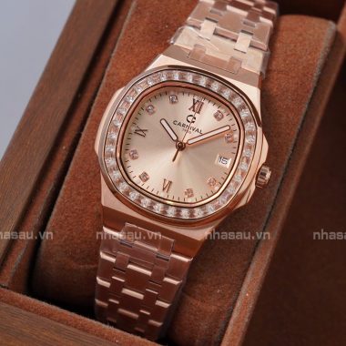 Đồng Hồ Carnival – Nữ 8160L2 Rosegold Mặt Be Viền Đá