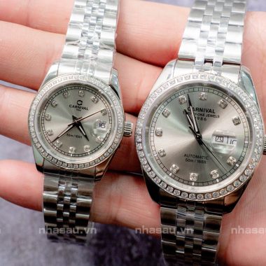 Đồng Hồ Carnival Couple 8131G2 Nam – 8131L2 Nữ Mặt Xám Viền Đá