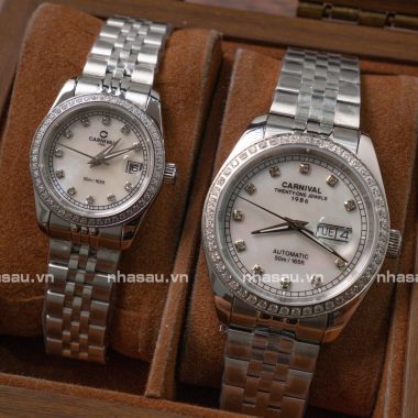 Đồng Hồ Carnival Couple 8131G2 Nam – 8131L2 Nữ Mặt Xà Cừ Trắng Viền Đá