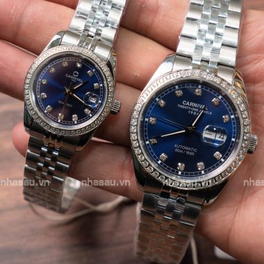 Đồng Hồ Carnival Couple 8131G2 Nam – 8131L2 Nữ Mặt Xanh Dương Viền Đá