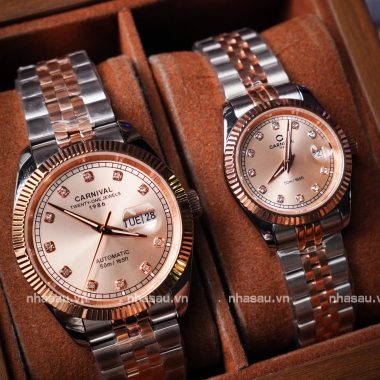 Đồng Hồ Cặp Carnival Nam 8131G – Nữ 8131L Demi Rosegold Mặt Be